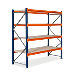 Weitspannregal 1 Fach. H2000 x L1950 x T800 mm. Mit Spanplatten. RAL5003 Sapphire blue + RAL2004 Pure orange - Schwerlastregal 80 cm tief
