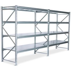 Weitspannregal 2 Fächer. H2000 x L3800 x T0800 mm. Verzinkt. Mit Stahl-Regalplatten - Lagerregale